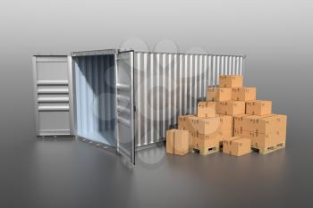 Ship cargo container side view, open doors, empty with pile of cardboard boxes on pallet. 3D illustration
