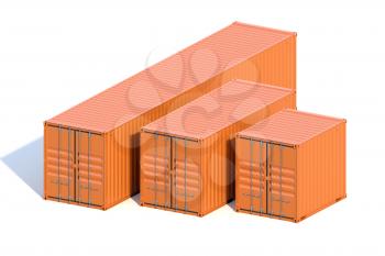 Set of 3 ship cargo containers 10 20 40 feet length. Brown metallic freight box isolated on white background. Marine logistics, harbor warehouse, customs, transport shipping concept. 3D illustration