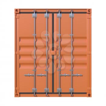 Ship cargo container front view. Brown freight box with doors and locking mechanism isolated on white background. 3D illustration
