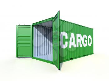 Empty ship container with the word CARGO on the side, with open doors, isolated on white background. 3D illustration