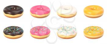 Set of delicious donuts with or without sprinkles and sweet icing, isolated on white background. 3D illustration