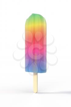 Rainbow popsicle icecream on stick. Isolated on white background. Delicious bright colored fruity summer dessert. Graphic design element for menu, scrapbooking, poster, flyer. 3D illustration