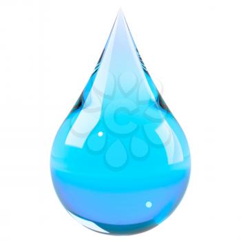 Water drop isolated on white. Blue liquid drop. Save water, ecology, drink water concept. Graphic design element for poster, flyer, water bottle packaging. 3D illustration