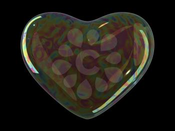Heart shaped soap bubble on black background. Realistic bubble with rainbow reflection. 3d illustration.