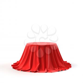 Round box covered with red fabric isolated on white background. Surprise, award, prize, presentation concept. Showroom stand. Reveal a hidden object, raise the curtain. 3D realistic illustration