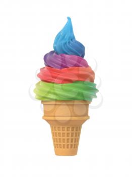 Colorful frozen yogurt icecream in waffle cone. Isolated on white background. Delicious flavor summer dessert. Graphic design element for advertisement, menu, scrapbook, poster, flyer. 3D illustration