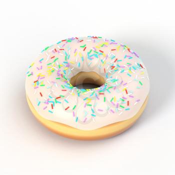 Delicious colorful donut with vanilla icing, sprinkles. Macro view of american dessert on white background. Graphic design element for bakery flyer, poster, advertisement, scrapbook. 3D illustration