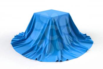 Sphere covered with bright blue silk fabric isolated on white background. Surprise sale, award, prize, presentation concept. Reveal the hidden object, raise the curtain. 3D illustration