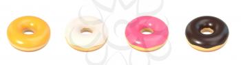 Delicious donut with shiny sweet icing set, assortment of tastes, isolated on white background. 3D illustration