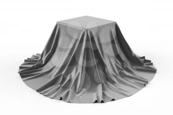 Box covered with grey fabric. Isolated on white background. Surprise, award, prize, presentation concept. Showroom stand. Reveal a hidden object. Raise the curtain. Photo realistic illustration.