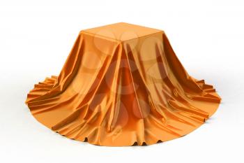 Box covered with orange fabric. Isolated on white background. Surprise, award, prize, presentation concept. Showroom stand. Reveal a hidden object. Raise the curtain. Photo realistic 3D illustration