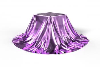 Box covered with shiny violet fabric isolated on white background. Surprise, award, prize, presentation concept. Showroom stand. Reveal hidden object. Raise the curtain. Photorealistic 3D illustration