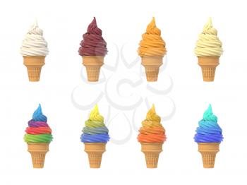 Set of soft ice icecream in waffle cones, assortment of tastes, isolated on white background. 3D illustration