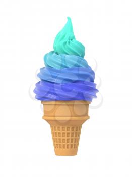 Colorful frozen yogurt icecream in waffle cone. Isolated on white background. Delicious flavor summer dessert. Graphic design element for advertisement, menu, scrapbook, poster, flyer. 3D illustration