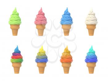 Set of soft ice icecream in waffle cones, assortment of tastes, isolated on white background. 3D illustration