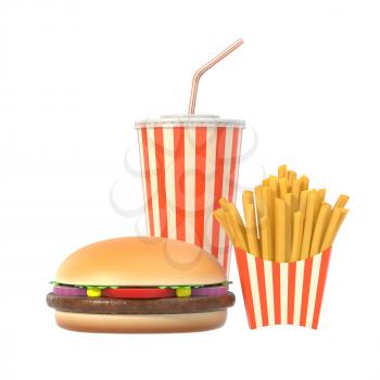 Fast food set isolated on white background with shadow. Hamburger, french fries, cola in generic striped package. Graphic design element for restaurant advertisement, menu, poster. 3D illustration