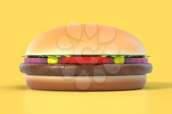 Fast food hamburger on yellow background. American cuisine burger. Graphic design element for restaurant advertisement, menu, poster, flyer. 3D illustration