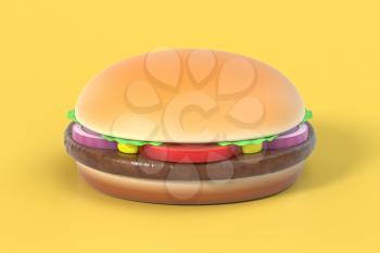 Fast food hamburger isolated on yellow background. American cuisine burger. Graphic design element for restaurant advertisement, menu, poster, flyer. 3D illustration