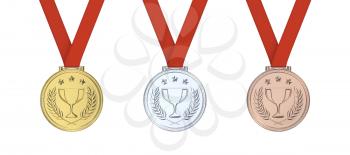 Gold medal with laurels , stars and cup. Round blank coin with ornaments. Victory, best product, service or employee, first place concept. Achievement in sports. Isolated on white background.
