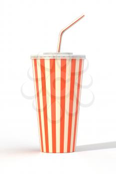 Fast food cola drink cup, drinking straw. Generic striped beverage package isolated on white background. Graphic design element for restaurant advertisement, menu, poster, flyer. 3D illustration
