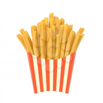 Fast food french fries in a container. Generic striped fried potato chip package isolated on white background. Graphic design element for restaurant advertisement, menu, poster, flyer. 3D illustration