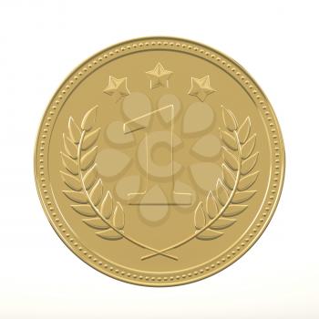 Gold medal with laurels and stars. Round blank coin with ornaments. Victory, best product, service or employee, first place concept. Achievement in sports. Isolated on white background.