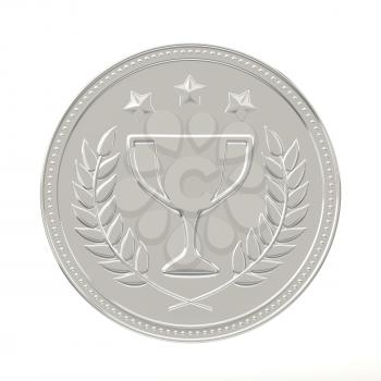 Silver medal with laurels, stars and cup. Round blank coin with ornaments. Victory, best product, service or employee concept. Achievement in sports. Isolated on white background.