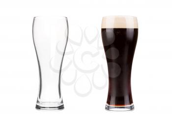 Two beer glasses isolated on white background. Mug filled with draft beer with bubbles and foam and an empty mug. Graphic design element for brewery ad, beer garden poster, flyers, printables.