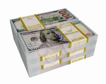 Pile of american dollars, isolated on white background, 3D illustration