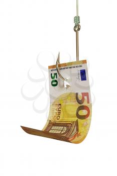 Euro bill on fishing hook, isolated on white background. Catching cash, investment, winning a lottery concept. 3D illustration