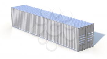 Ship cargo container 40 feet length. Grey metallic freight box with shadow isolated on white background. Marine olgistics, harbor warehouse, customs, transport shipping concept. 3D illustration