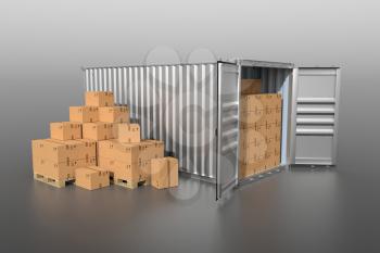 Ship cargo container side view, open doors, full with cardboard boxes. Pile of cardboard boxes on pallet. 3D illustration