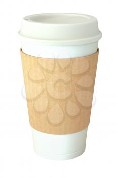 Blank white takeaway coffee cup with silicone cover and brown cardboard sleeve, isolated on white background. 3D illustration