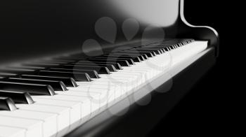 Piano keyboard close up view of black and white keys. Musical background. 3D illustration