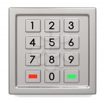 Atm machine keypad with numbers and green and red button. Pin code safety, banking, electronic cash withdrawal, bank account access concept. 3D illustration