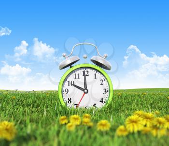 Alarm clock on the green grass field