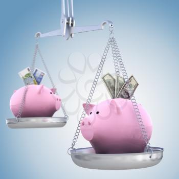 Piggy bank on scales. Dollar versus Euro