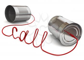 two cans connected by a computer wire in the form of the word call