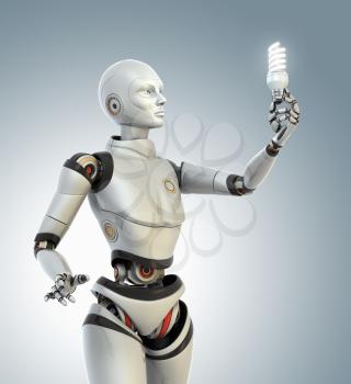 Robot holds an energy saving lamp in his hand