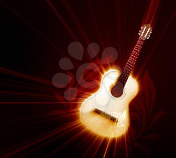 Guitar with  shine on dark background with floral elements
