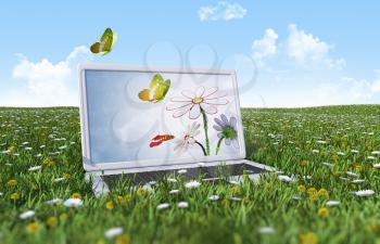 Laptop on the green grass field