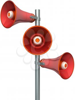 Three red loudspeakers on the mast