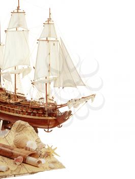 Model of sailing ship with a map