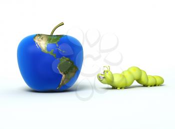 worm going to eat apple with Earth map
