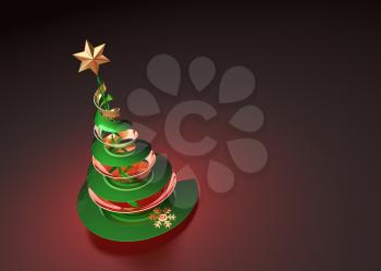 Christmas tree in spot light on red background