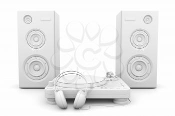 Record player, headphones and speakers on white background