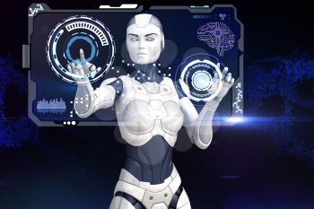 Cyber girl is working with screen of data