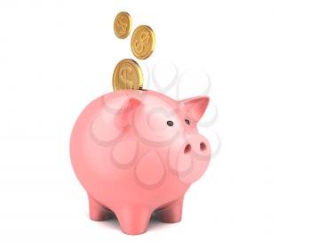 Piggy bank, with coins falling into slot. Isolated on white