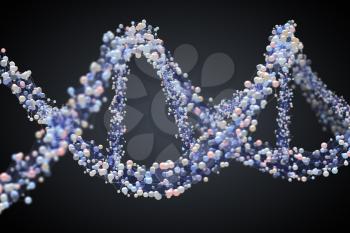 Spiral strand of DNA on the dark background. 3D illustration