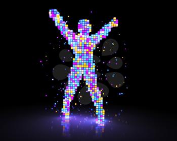 Man figure consisting of glowing pixels. 3D illustration